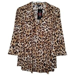 NWT Cocomo Plus Size 1X Black Multi Color Leopard Print Pintuck 3/4 Sleeve Top